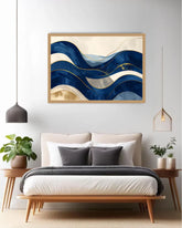 Modern bedroom with abstract wall art, bed, and side tables.