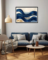blue abstract wave wall art canvas in modern living room decor