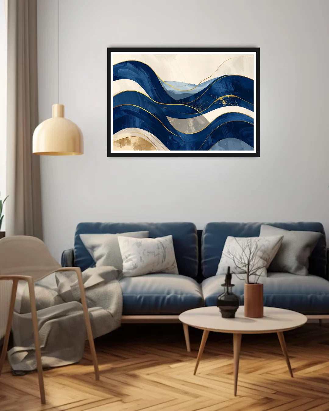 blue abstract wave wall art canvas in modern living room decor