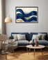blue abstract wave wall art canvas in modern living room decor
