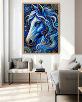 Colorful abstract horse painting in a modern living room