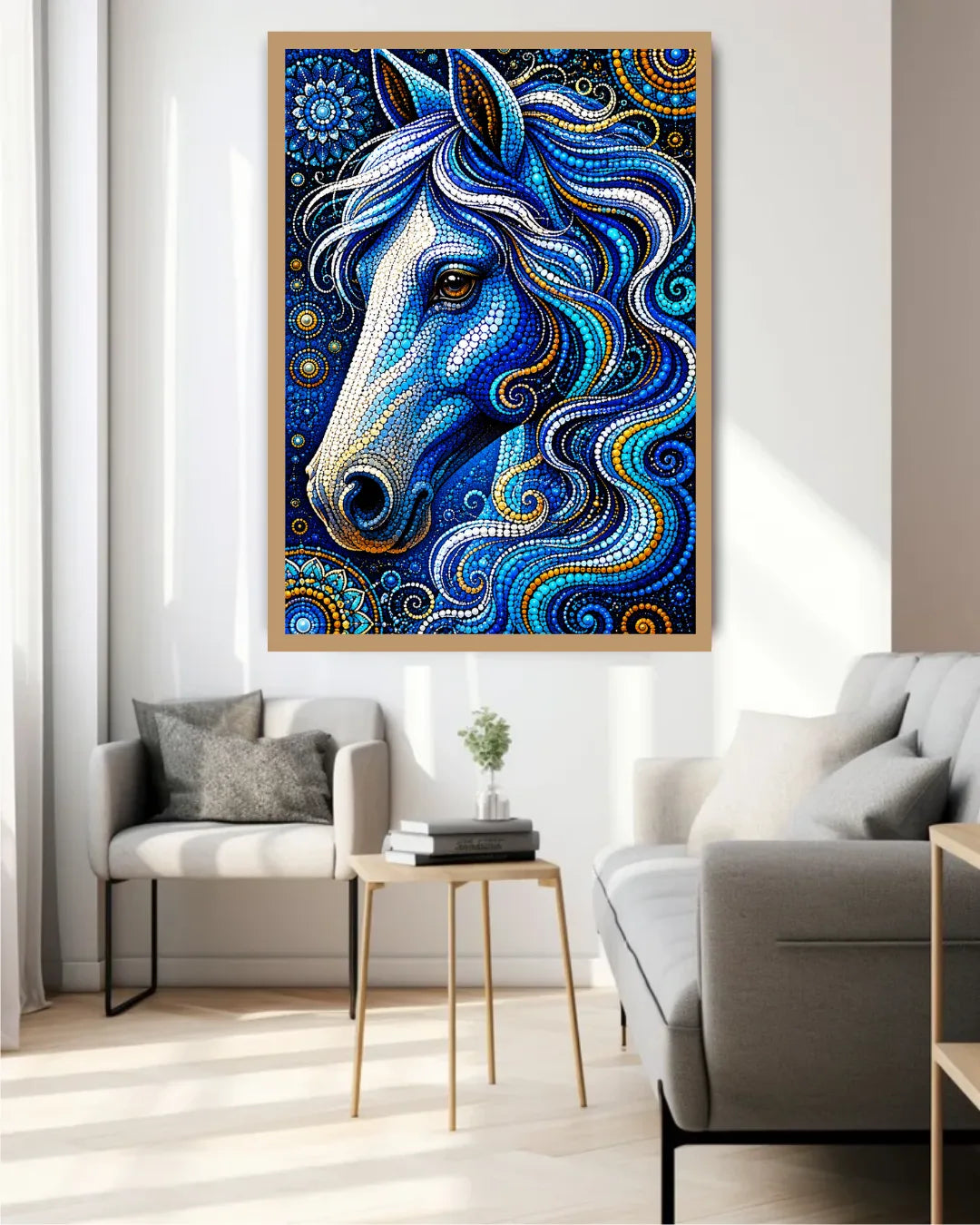 Colorful abstract horse painting in a modern living room