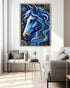blue horse wall art canvas in modern living room decor