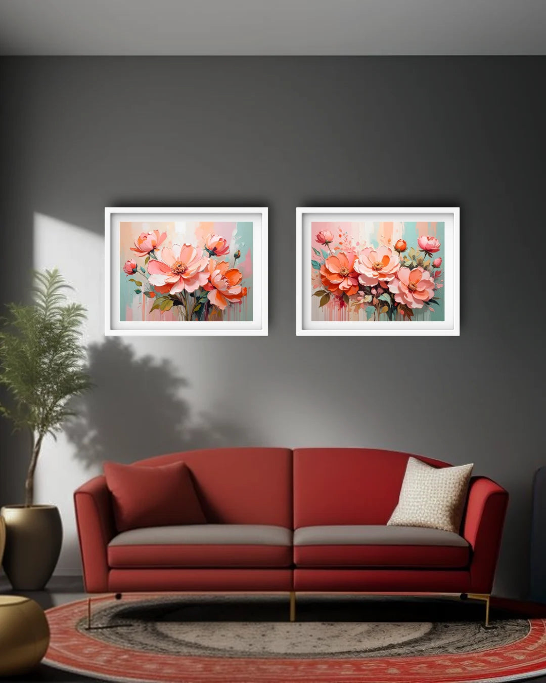 soft blush floral canvas artwork displayed in warm cozy interior