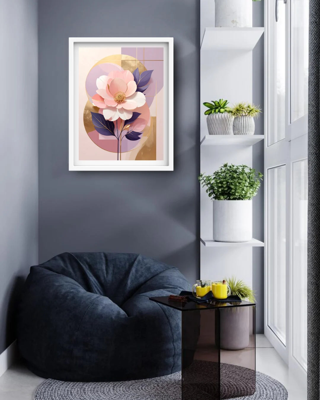 soft pastel floral artwork displayed in cozy living room