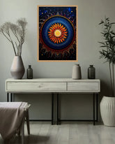 A framed square wall art print featuring a colorful mandala-style sun design hangs above a console table in a styled room with vases, bottles, and a plant.