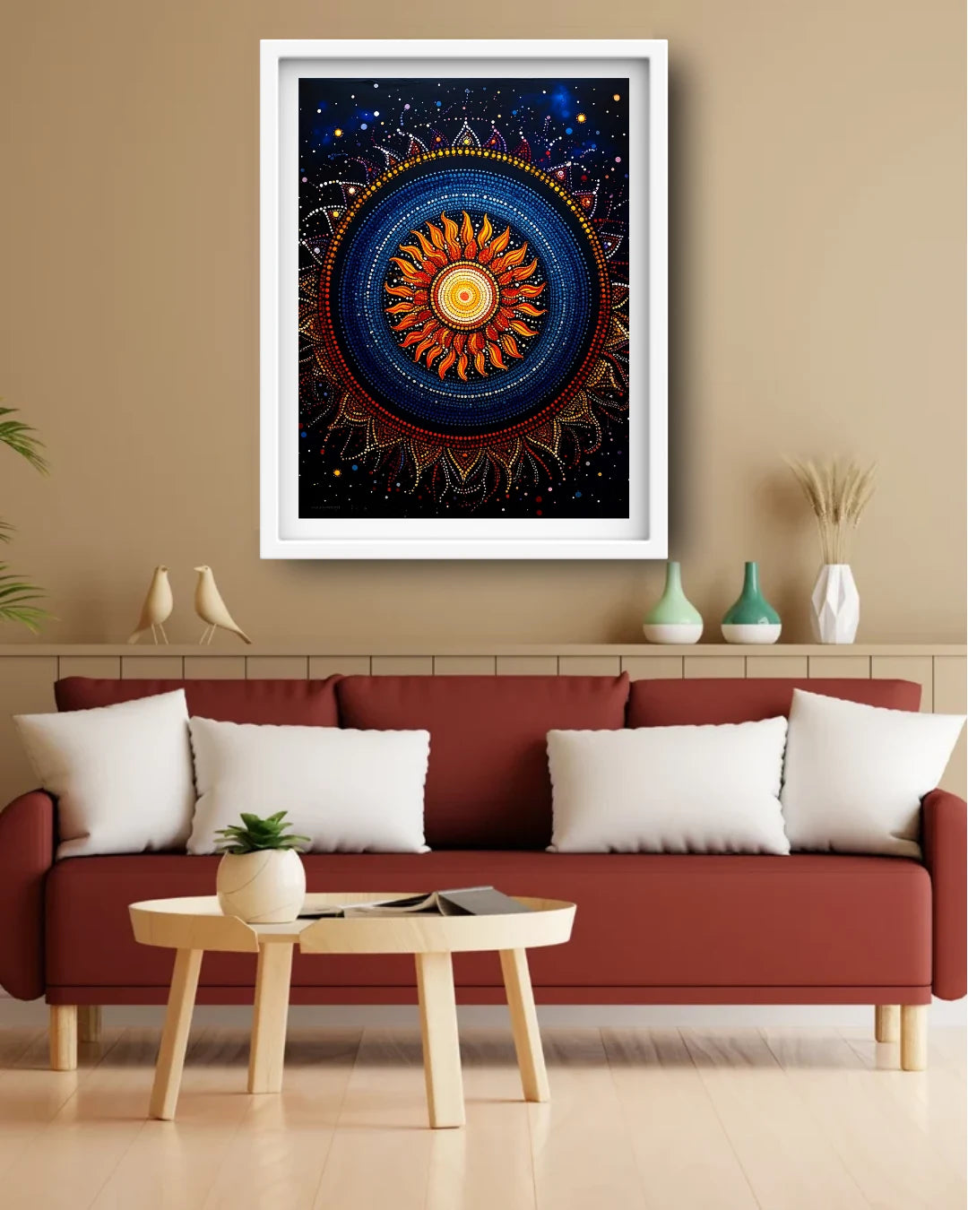 A framed wall art print featuring a vibrant mandala sun design in deep blue, orange, and yellow, displayed in a white frame on a beige wall above a red sofa in a modern living room setting.