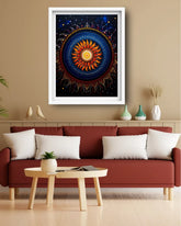 A framed wall art print featuring a vibrant mandala sun design in deep blue, orange, and yellow, displayed in a white frame on a beige wall above a red sofa in a modern living room setting.