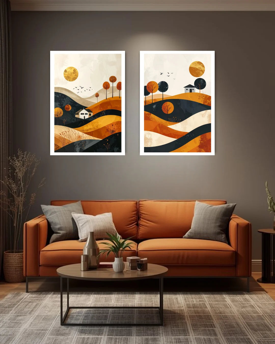 abstract desert canvas painting above sofa in cozy boho interior