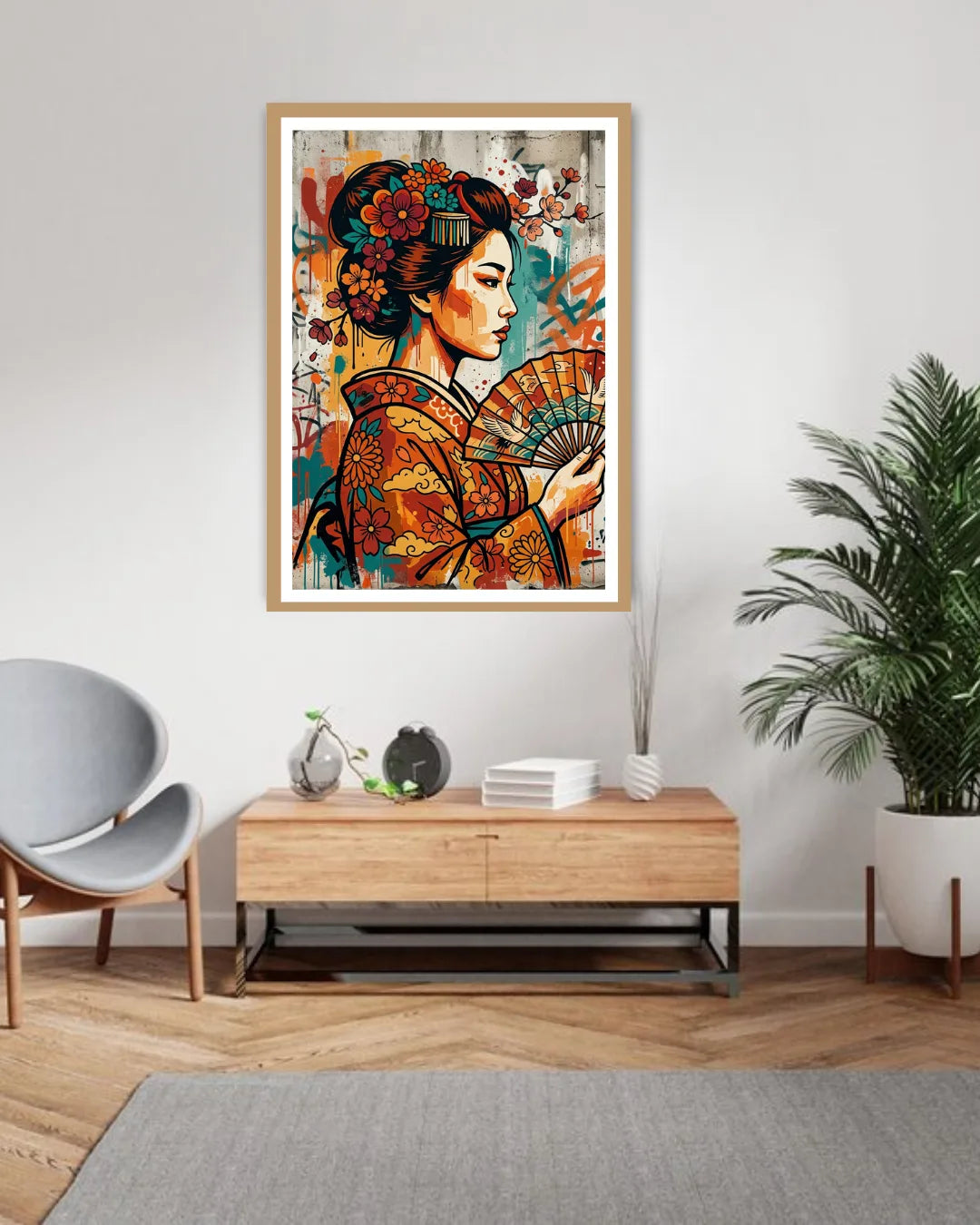 boho woman portrait wall art canvas displayed in modern living room