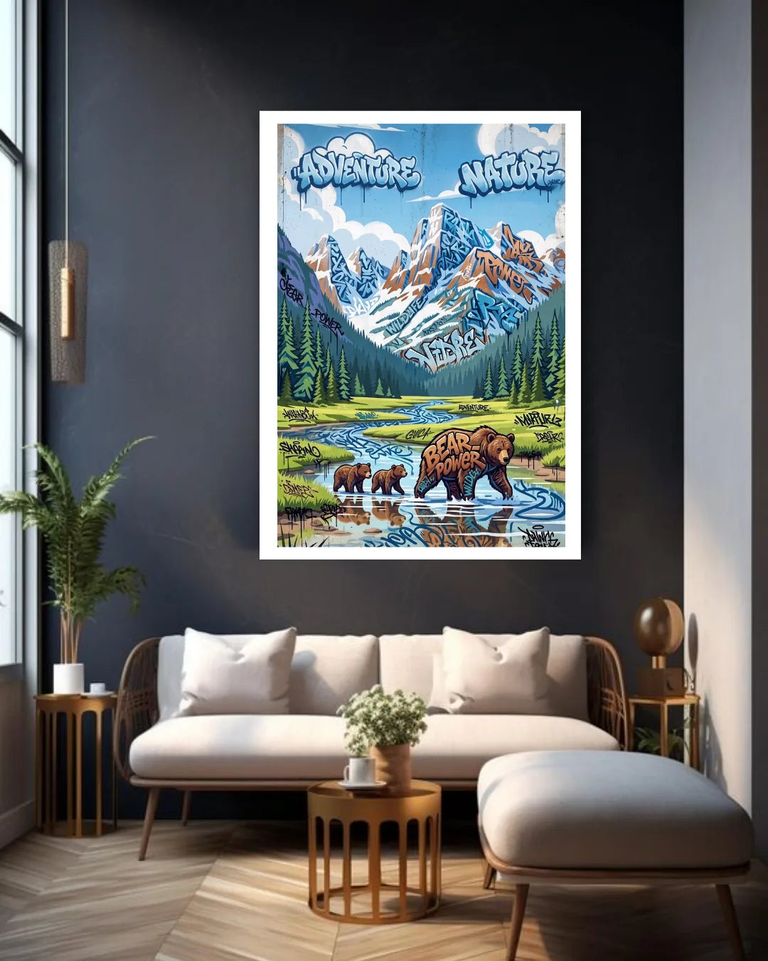 mountain beer painting displayed in stylish home interior