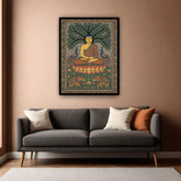 Buddha canvas painting displayed above sofa in living room, spiritual wall decor for modern home