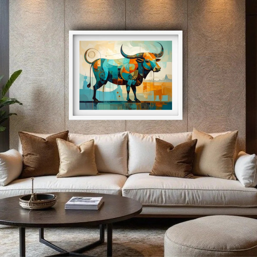 Bull canvas wall decor for modern living room interior