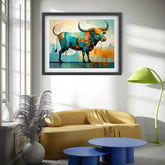 Colorful abstract bull painting on a wall above a yellow sofa in a modern living room.
