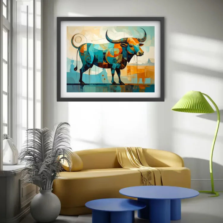 Colorful abstract bull painting on a wall above a yellow sofa in a modern living room.
