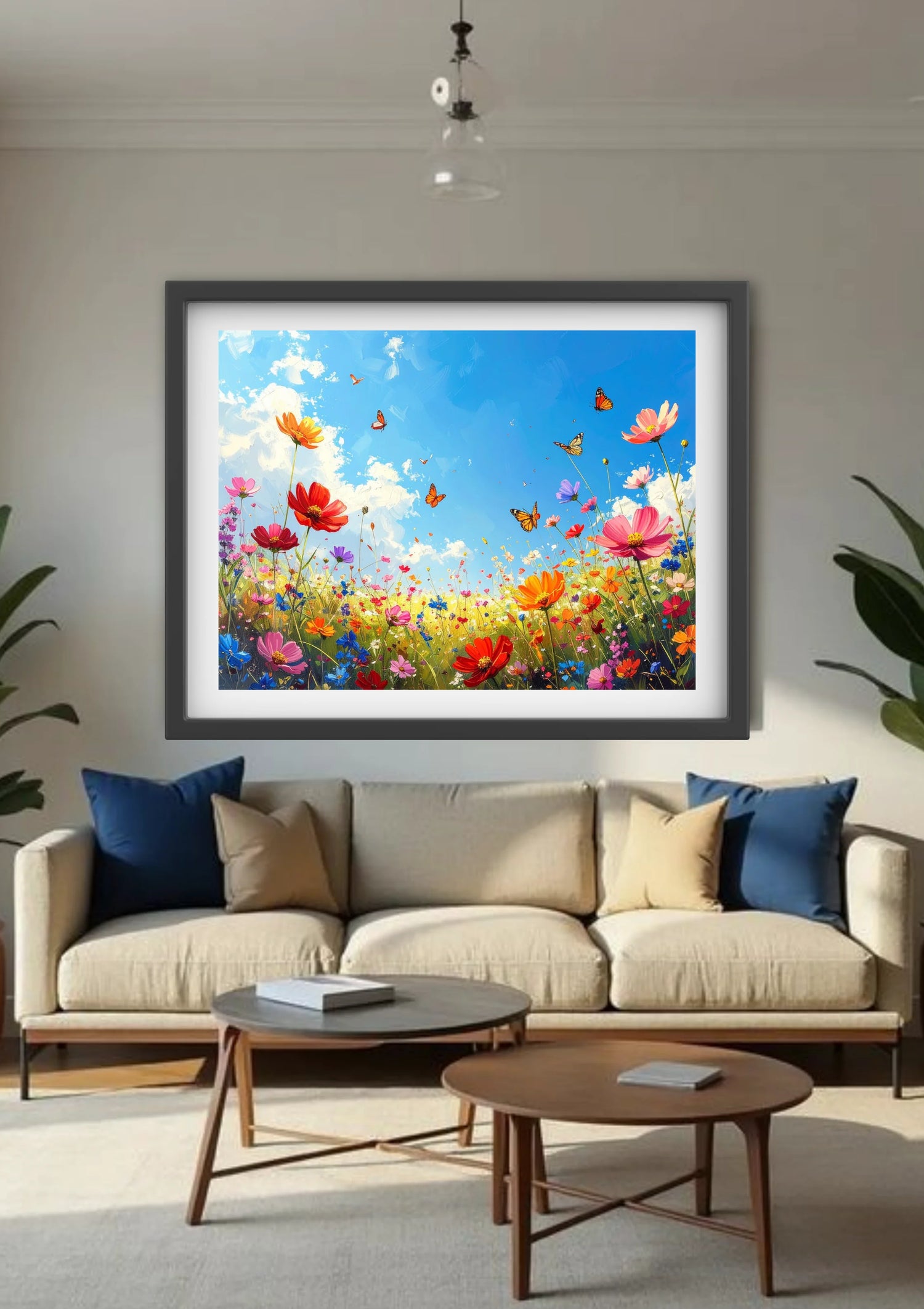 Cozy living room decorated with colorful butterfly flower wall art canvas above sofa

