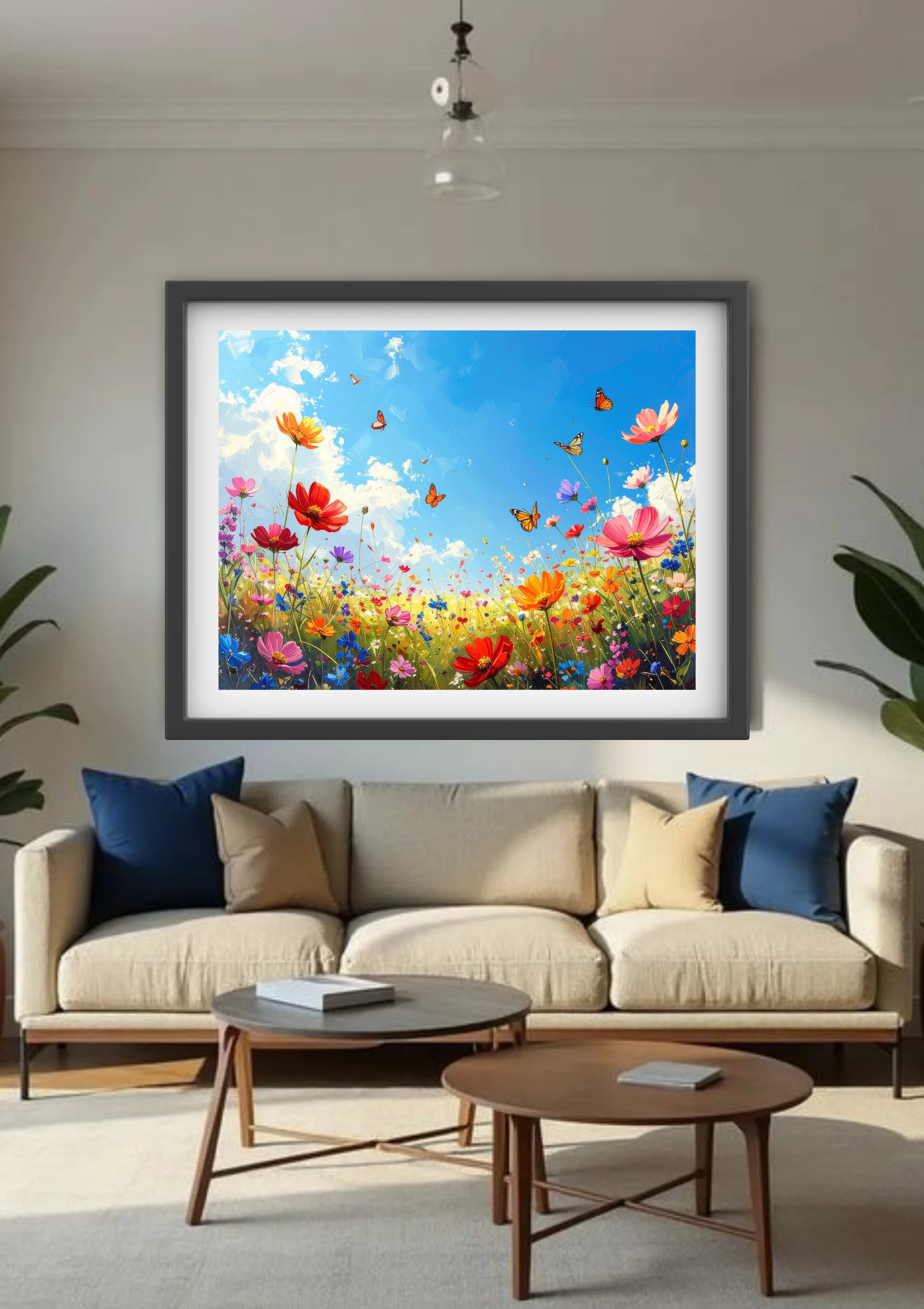 Cozy living room decorated with colorful butterfly flower wall art canvas above sofa
