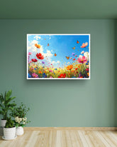 Colorful butterfly flower wall art canvas hanging on a green wall in a minimalist interior
