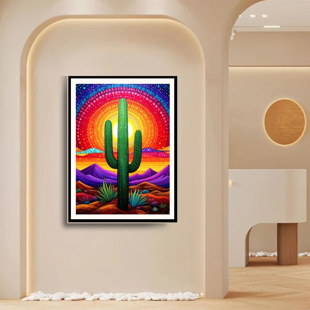 Colorful cactus mandala canvas wall art for modern and spiritual home decor
