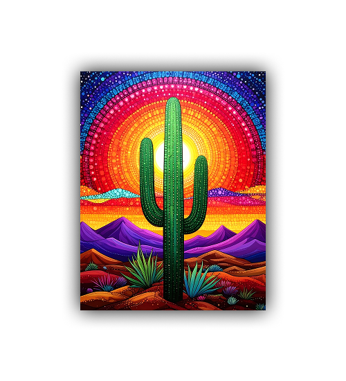 Cactus mandala canvas print with vibrant sunset colors
