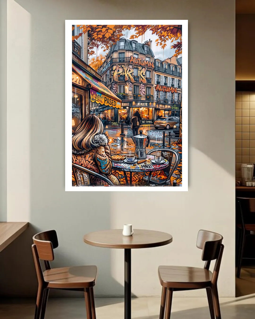 vintage café street painting displayed in stylish home interior