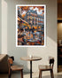 vintage café street painting displayed in stylish home interior