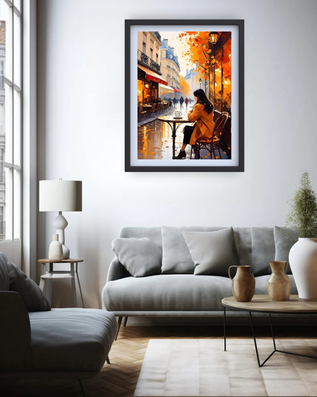 café street painting displayed in cozy living room decor
