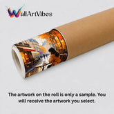 A rolled wall art print or poster sample shown diagonally on a light gray background, with a colorful city café scene printed around the lower portion of the roll. The brand name WallArtVibes appears in the upper left, and text at the bottom states that the artwork on the roll is only a sample and the customer will receive the artwork they select.