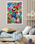 Colorful poster of a character in a room with a bed and toys.