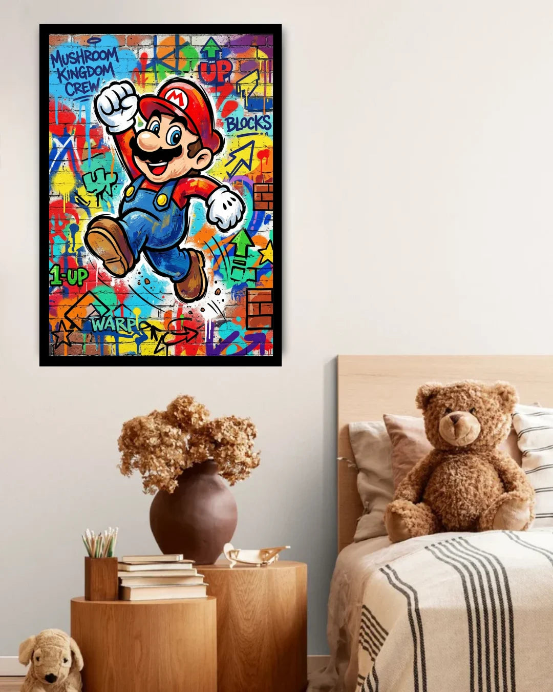 Colorful Mario poster on a wall above a bed with a teddy bear.