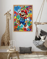 Colorful Mario poster on a wall with a hammock and decorative items in the room.