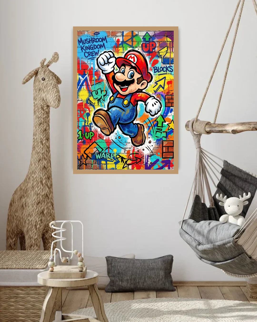 Colorful Mario poster on a wall with a hammock and decorative items in the room.