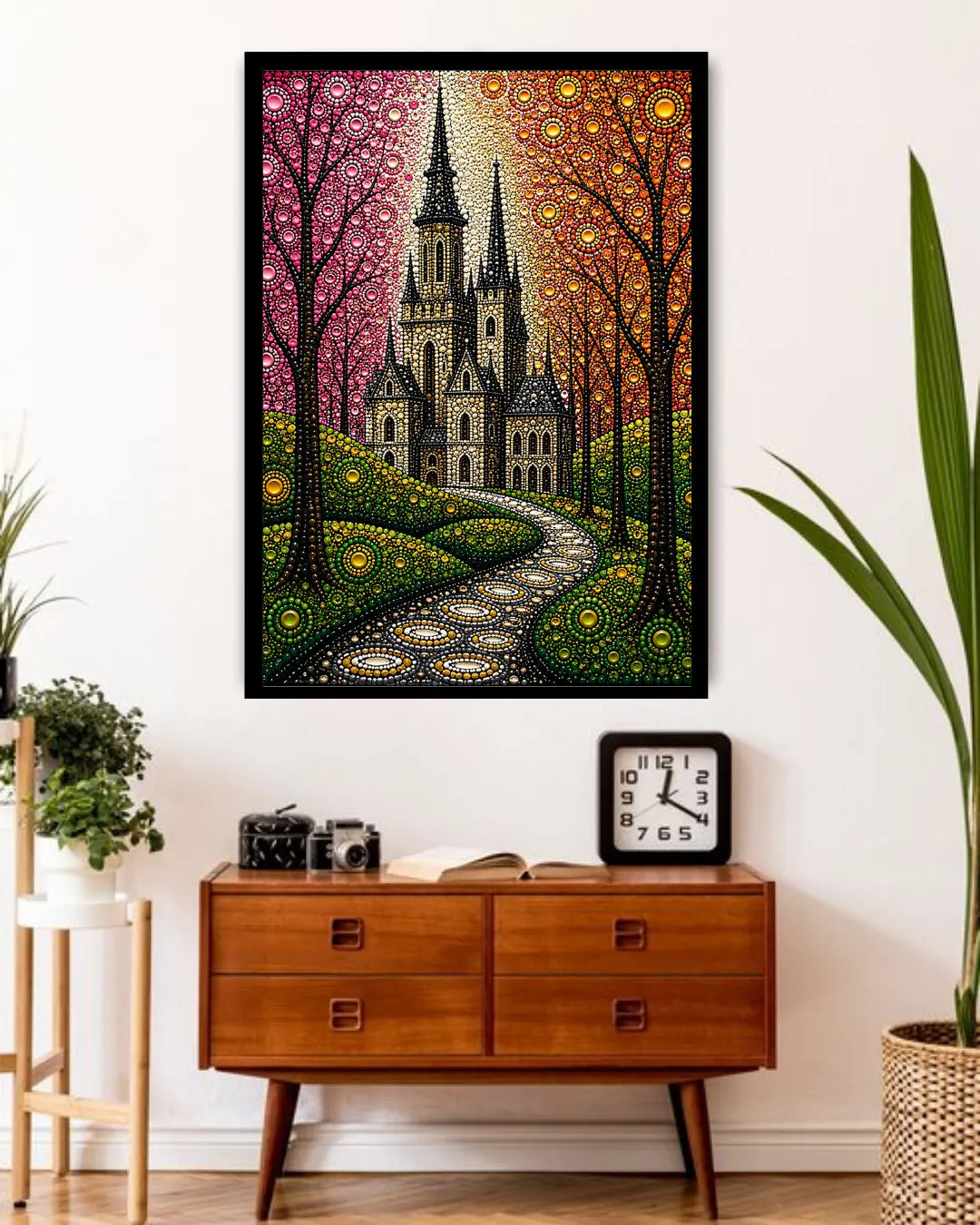 Decorative wall art of a castle in a forest with a wooden dresser and clock below.