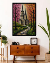 Decorative wall art of a castle in a forest with a wooden dresser and clock below.