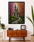 Decorative wall art of a castle in a forest with a wooden dresser and clock below.