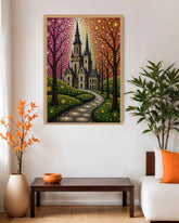 Decorative painting of a castle in a forest on a wall in a living room.