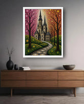 Framed artwork of a castle between trees on a wall above a wooden cabinet.