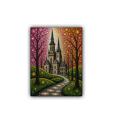Colorful mosaic artwork of a castle between trees on a white background