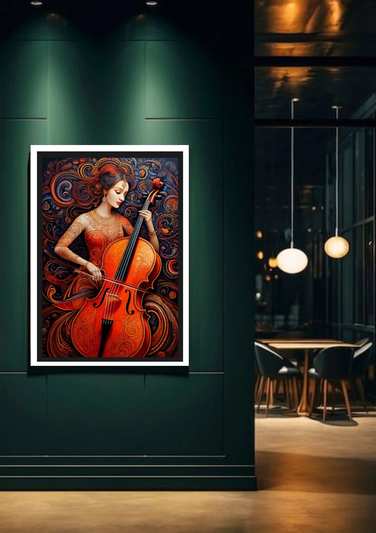 Cello musician wall art displayed on dark green wall in luxury interior