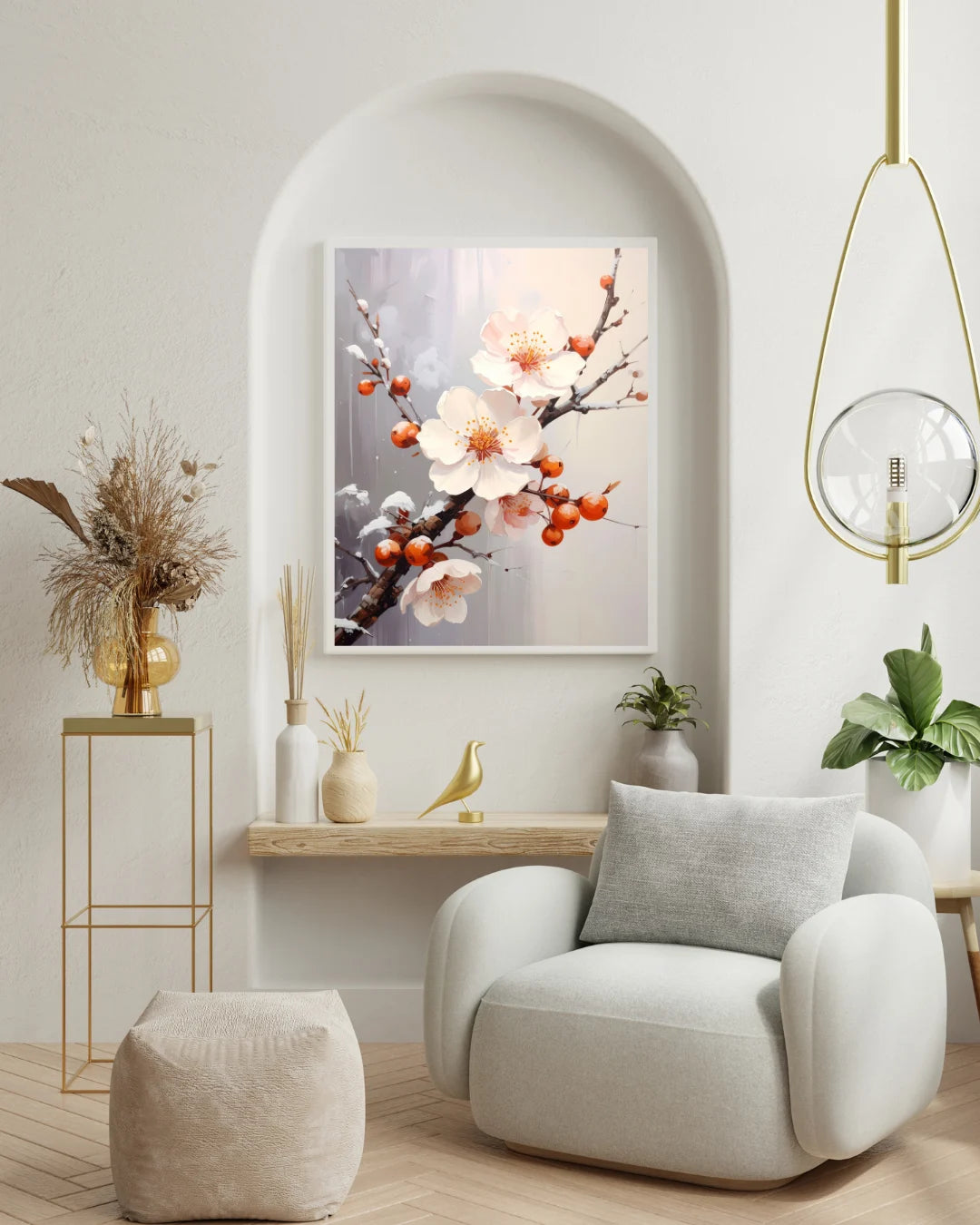 Cherry blossom floral wall art canvas displayed near an arch wall in a modern interior
