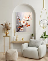 Cherry blossom floral wall art canvas displayed near an arch wall in a modern interior
