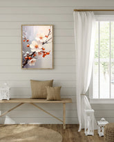 Cherry blossom floral wall art canvas displayed in a bright living room interior
