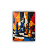 Colorful abstract painting of chess pieces on a geometric background