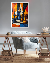 Colorful abstract painting of chess pieces on a wall above a wooden desk with a chair.