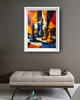 Framed abstract art of chess pieces on a wall above a bench.