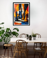 Dining room with a colorful abstract painting of chess pieces on the wall.
