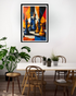Dining room with a colorful abstract painting of chess pieces on the wall.