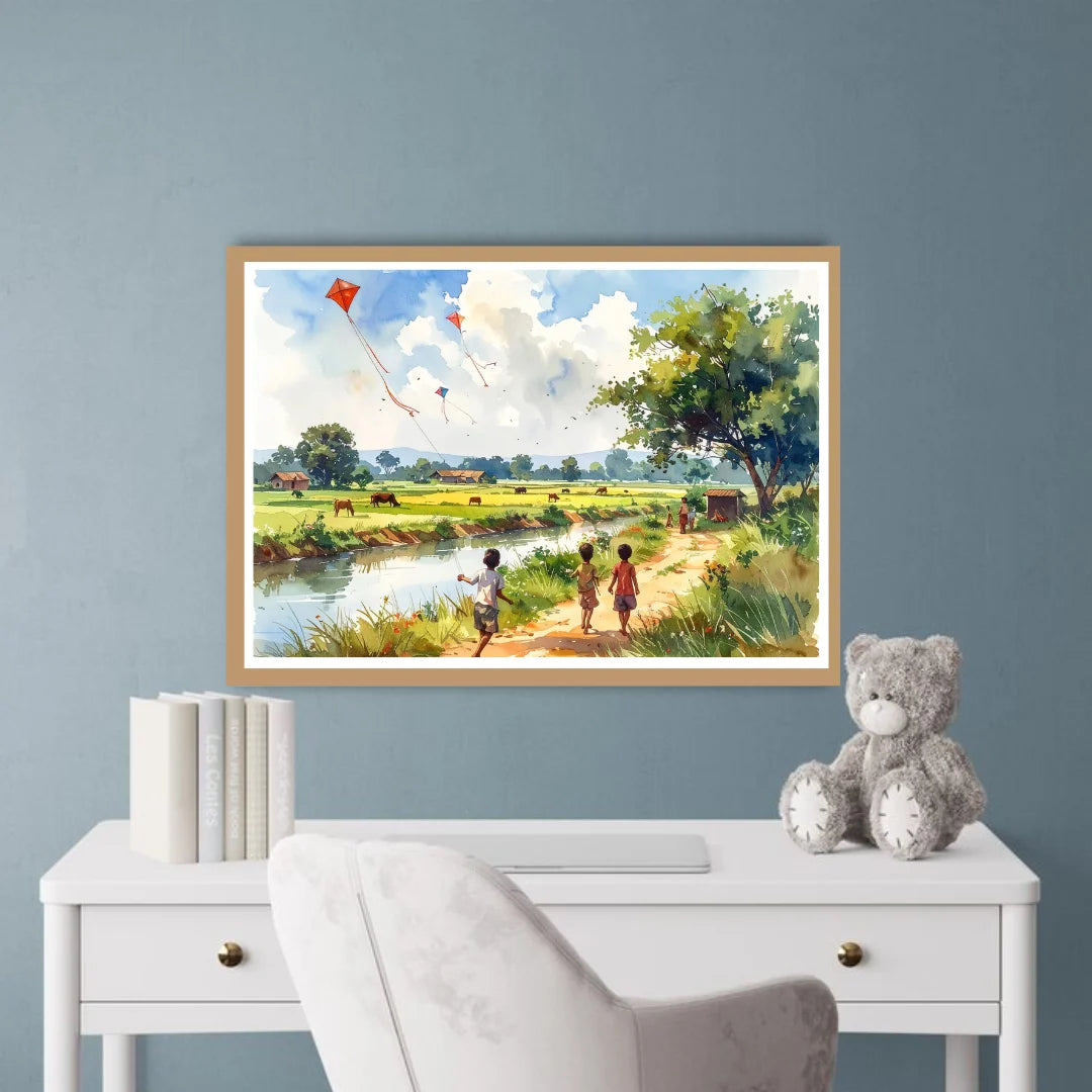 Framed landscape painting of children by a river with a teddy bear on a white desk.