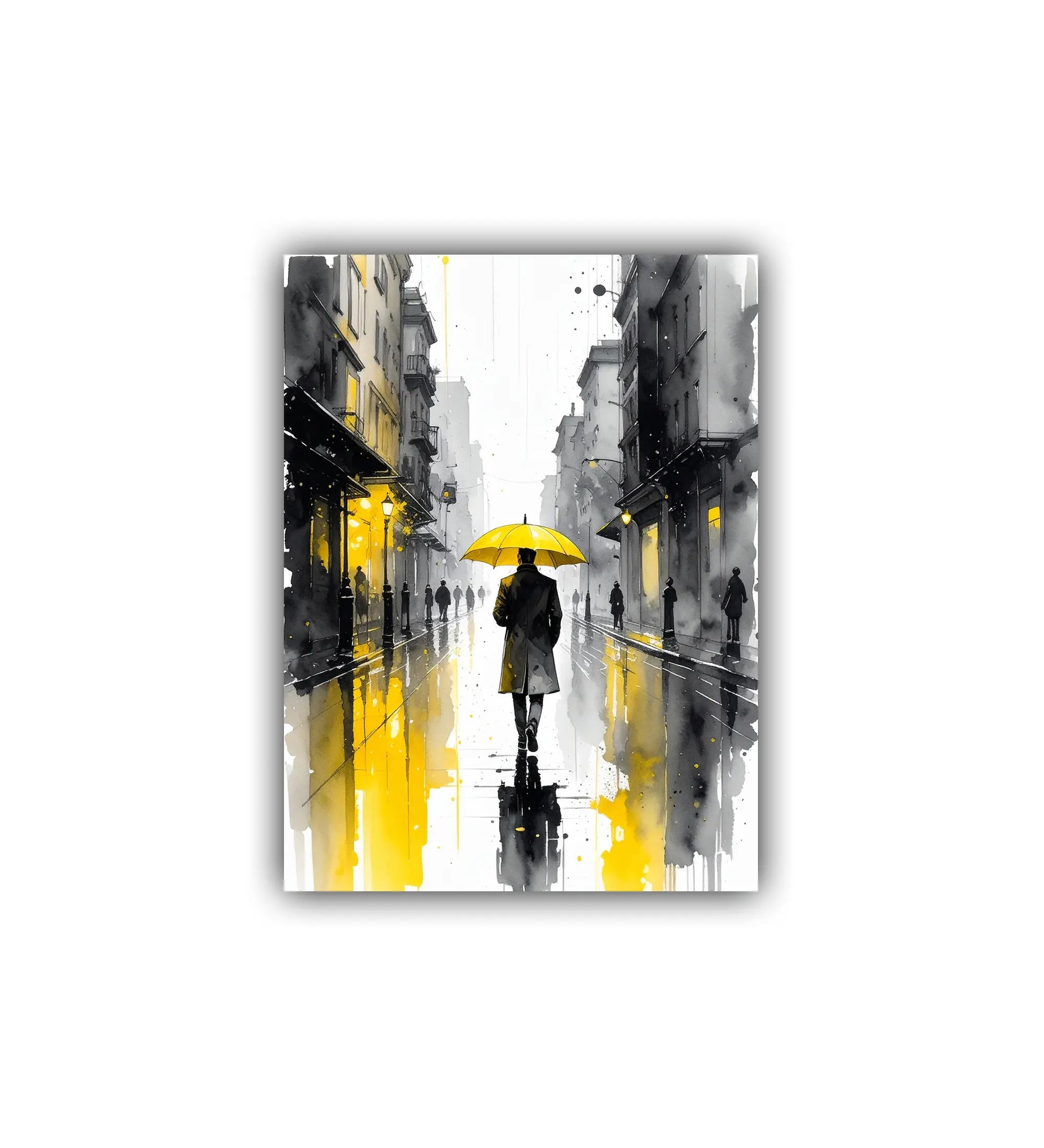 close-up of abstract rainy city wall art canvas with umbrella figure