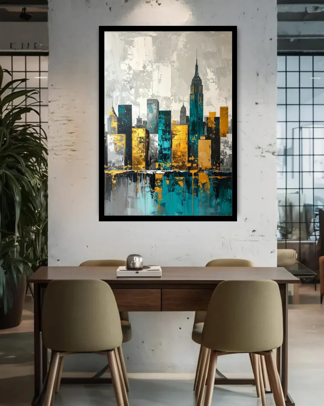 Framed cityscape painting on a white wall above a dining table with chairs.